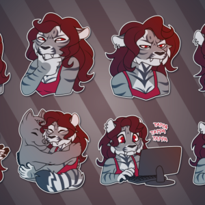 A collection of Telegram stickers of an anthro gray sabertooth tiger with wavy brown hair wearing a red tank top. In them, she laughs raucously; thinks hard about something and looks suspicious; slumps forward looking tired and annoyed; shows her claws; shrugs apathetically; hugs another character; types on a keyboard at a computer; and stops typing while squinting at the screen.