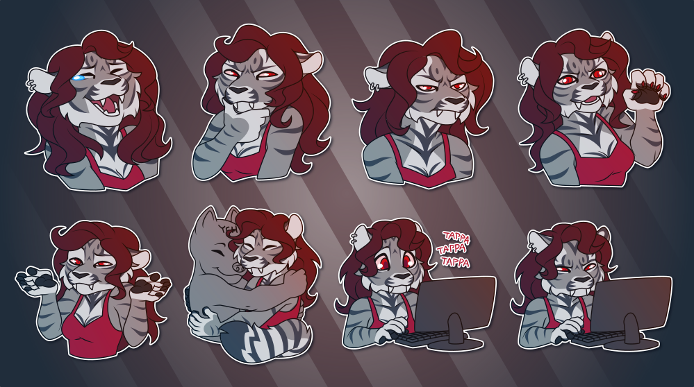 A collection of Telegram stickers of an anthro gray sabertooth tiger with wavy brown hair wearing a red tank top. In them, she laughs raucously; thinks hard about something and looks suspicious; slumps forward looking tired and annoyed; shows her claws; shrugs apathetically; hugs another character; types on a keyboard at a computer; and stops typing while squinting at the screen.