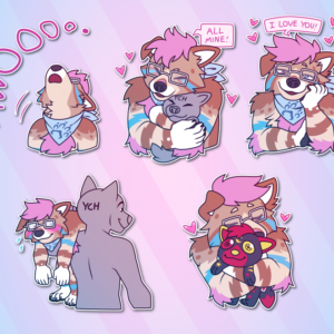 A collection of Telegram stickers of an anthro dog with glasses and a bandana. In them, they throw back their head and awoo; hug another smaller character from behind saying "all mine!"; look lovingly at the viewer and say "I love you!"; blush while slung over the shoulder of a larger character, being carried off; and snuggle a plushie of a black, red, and yellow furry
