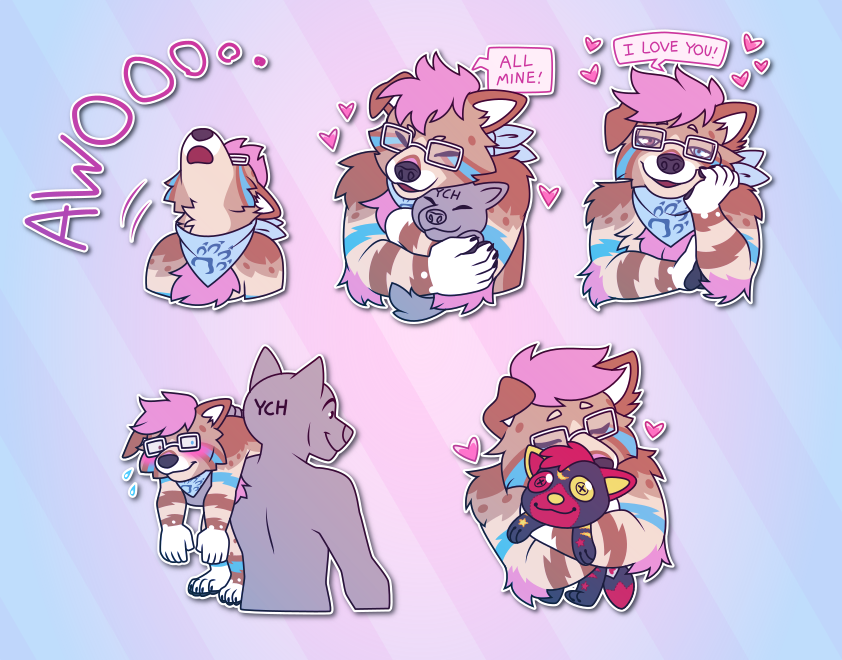 A collection of Telegram stickers of an anthro dog with glasses and a bandana. In them, they throw back their head and awoo; hug another smaller character from behind saying "all mine!"; look lovingly at the viewer and say "I love you!"; blush while slung over the shoulder of a larger character, being carried off; and snuggle a plushie of a black, red, and yellow furry