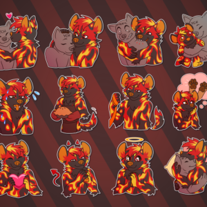 A collection of Telegram stickers of an anthro African wild dog with flame-like markings. In them, they kiss another character on the cheek; pet another character on the head; bite another character hard on the shoulder; appear as a plushie being hugged by another character; pant and sweat, looking uncomfortably warm; wear an apron and present a freshly-baked pie; look down smiling and hold the end of a leash; think about paws; smile and hold up a large heart; steeple their fingers and grin slyly, sporting small horns and a devil tail; smile innocently with large wet eyes and a halo; and snuggle with another character in bed.