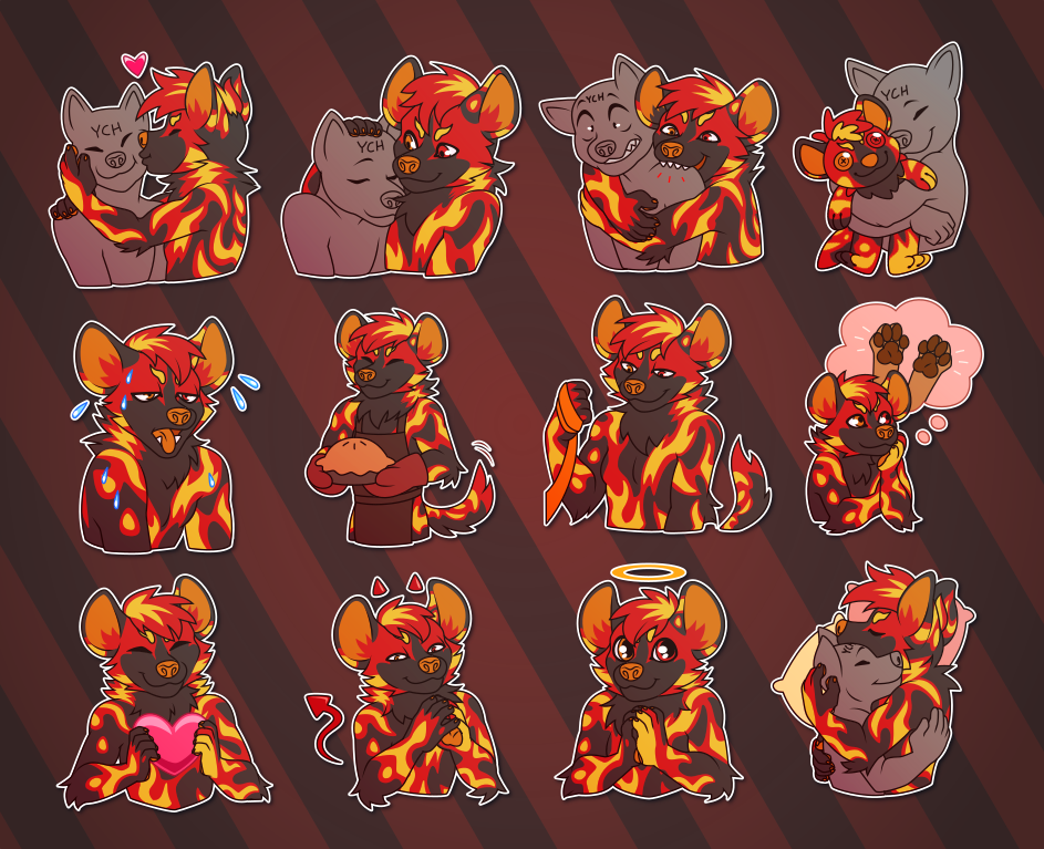 A collection of Telegram stickers of an anthro African wild dog with flame-like markings. In them, they kiss another character on the cheek; pet another character on the head; bite another character hard on the shoulder; appear as a plushie being hugged by another character; pant and sweat, looking uncomfortably warm; wear an apron and present a freshly-baked pie; look down smiling and hold the end of a leash; think about paws; smile and hold up a large heart; steeple their fingers and grin slyly, sporting small horns and a devil tail; smile innocently with large wet eyes and a halo; and snuggle with another character in bed.