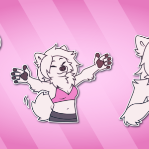 A handful of Telegram stickers of an anthro Samoyed dog. In them, she peers through a window with her tongue and nose pressed up against it, wearing a shirt that says "sickos" and saying "yes... ha ha ha, yes!"; exuberantly reaches out for hugs; and makes a heart shape with her hands, not-so-accidentally framing her cleavage