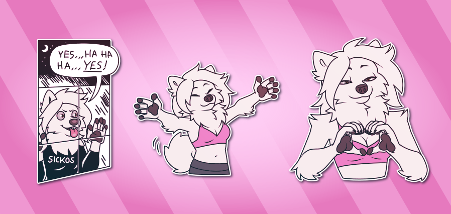 A handful of Telegram stickers of an anthro Samoyed dog. In them, she peers through a window with her tongue and nose pressed up against it, wearing a shirt that says "sickos" and saying "yes... ha ha ha, yes!"; exuberantly reaches out for hugs; and makes a heart shape with her hands, not-so-accidentally framing her cleavage