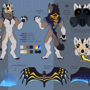 Ref sheet of a large anthro wolf-dragon monster named Zodiac. Their species is Slavvoth, they are 26 meters or 85 feet tall, have a wingspan of 40 meters or 131 feet, and weigh 73,000 kilograms or 160,000 pounds. They have a skull for a face and bony spines on their back, and possess large dragon wings. Their body markings are white and brown and wolf-like, but on their back and wings become black with bright blue and yellow venomous markings. They have a bright yellow tongue, and glowing spots in their eye sockets that are yellow and blue. They are capable of spitting acid that is radioactive and biohazardous. They sometimes wear a large gas mask to prevent exposing their friends to this toxin. The mask is dark in color and bears a stylized infinity sign, the symbol of their friend Blindwolf8.