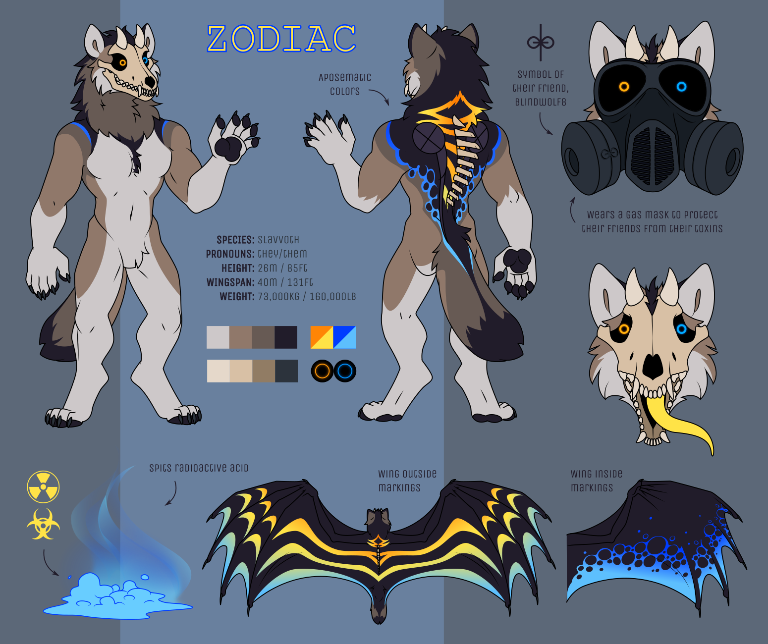 Ref sheet of a large anthro wolf-dragon monster named Zodiac. Their species is Slavvoth, they are 26 meters or 85 feet tall, have a wingspan of 40 meters or 131 feet, and weigh 73,000 kilograms or 160,000 pounds. They have a skull for a face and bony spines on their back, and possess large dragon wings. Their body markings are white and brown and wolf-like, but on their back and wings become black with bright blue and yellow venomous markings. They have a bright yellow tongue, and glowing spots in their eye sockets that are yellow and blue. They are capable of spitting acid that is radioactive and biohazardous. They sometimes wear a large gas mask to prevent exposing their friends to this toxin. The mask is dark in color and bears a stylized infinity sign, the symbol of their friend Blindwolf8.