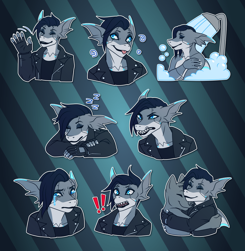 A collection of Telegram stickers of an anthro shark-like cyborg wearing a leather jacket. In these stickers, he waves happily; makes a goofy clueless expression; takes a shower; rests his head in his arms, asleep; snarls angrily; looked dejected with tears running down his face; appears shocked; and hugs another character.