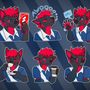 A collection of Telegram stickers of an anthro canine wearing a polo shirt. In these stickers, he smugly holds up an Uno reverse card; happily howls "awoooo"; smiles and waves, saying "hai"; sips a cup of tea while holding its saucer; looks tired while holding a paper coffee cup; and holds a hand to his cheek while grinning bashfully.
