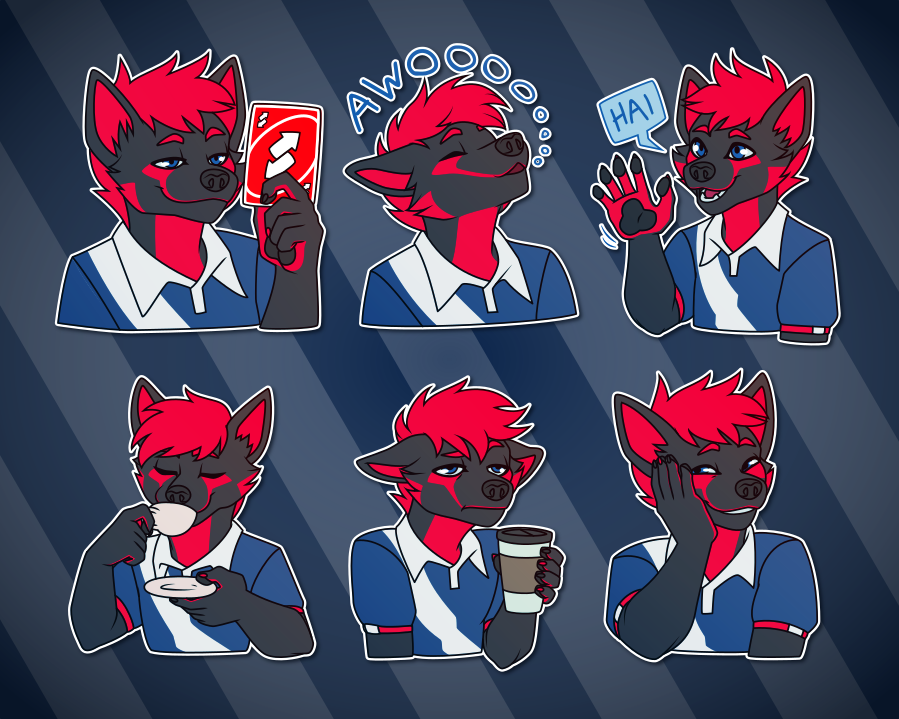 A collection of Telegram stickers of an anthro canine wearing a polo shirt. In these stickers, he smugly holds up an Uno reverse card; happily howls "awoooo"; smiles and waves, saying "hai"; sips a cup of tea while holding its saucer; looks tired while holding a paper coffee cup; and holds a hand to his cheek while grinning bashfully.