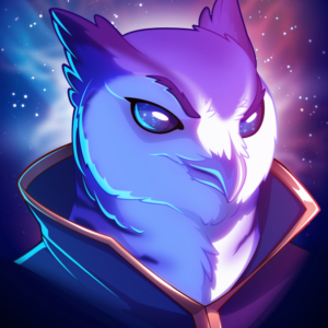 A portrait of a purple and white anthro owl wearing a gold-trimmed cloak, standing confidently in front of a starry nebula background that forms a halo around his face.