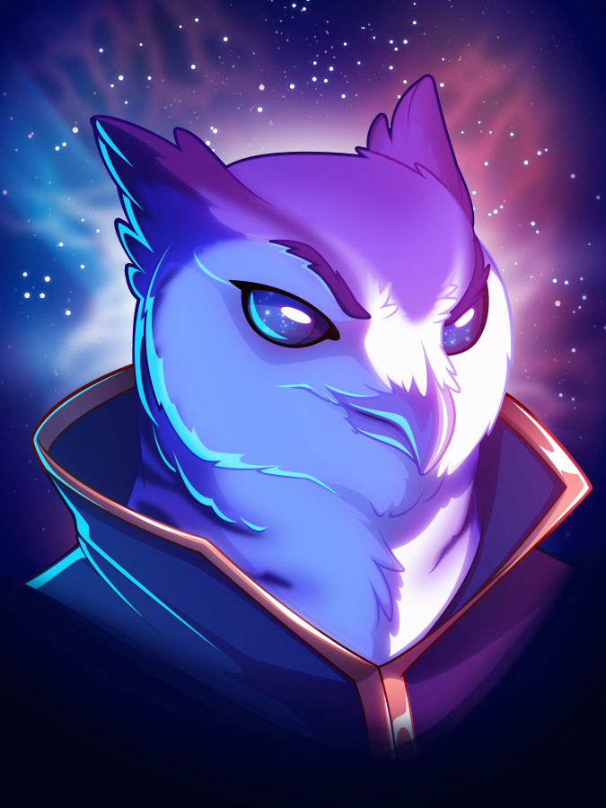 A portrait of a purple and white anthro owl wearing a gold-trimmed cloak, standing confidently in front of a starry nebula background that forms a halo around his face.