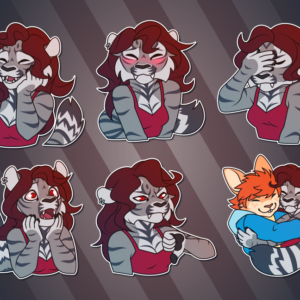 A collection of Telegram stickers of an anthro gray sabertooth tiger with wavy brown hair wearing a red tank top. In them, she laughs pleasantly; smiles and blushes; facepalms in disappointment; looks shocked, with her hands to her face and tail frizzy; giving a disgruntled thumbs-down; and hugging her boyfriend, an orange anthro rabbit wearing a blue jacket.