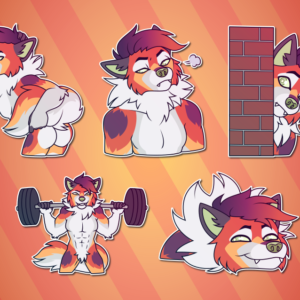 A collection of Telegram stickers of an anthro fox/wolf hybrid. In them, he holds up his tail to show off his booty; sighs while looking annoyed; peeks out from behind a brick wall; lifts a barbell with weights on his shoulders; and rests his head on a surface with a goofy expression on his face.