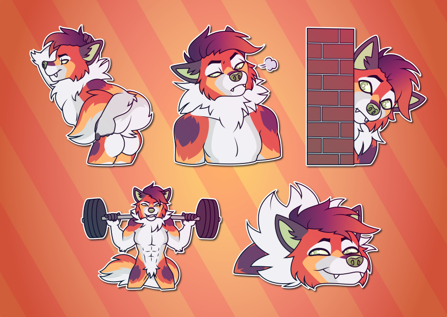 A collection of Telegram stickers of an anthro fox/wolf hybrid. In them, he holds up his tail to show off his booty; sighs while looking annoyed; peeks out from behind a brick wall; lifts a barbell with weights on his shoulders; and rests his head on a surface with a goofy expression on his face.