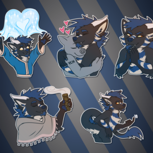A collection of Telegram stickers of an anthro dragon/wolf hybrid. In them, he wears mage robes and casts blue sparkling magic in a heart shape; hugs another character; smiles mischievously while rubbing his hands together; calmly burns incense while wearing a poncho; and beckons the viewer while showing off his booty.