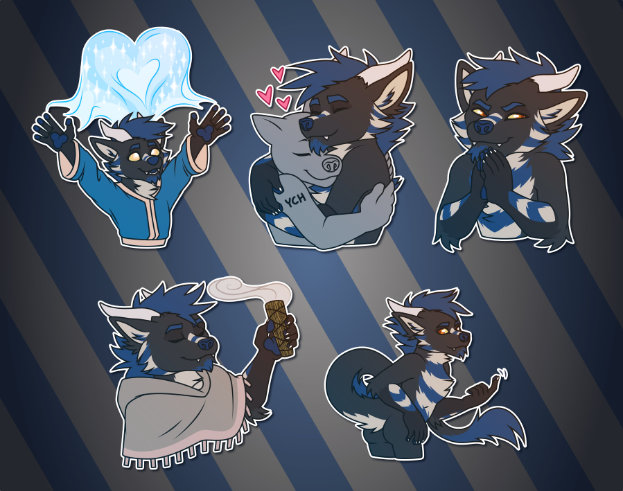 A collection of Telegram stickers of an anthro dragon/wolf hybrid. In them, he wears mage robes and casts blue sparkling magic in a heart shape; hugs another character; smiles mischeivously while rubbing his hands together; calmly burns incense while wearing a poncho; and beckons the viewer while showing off his booty.