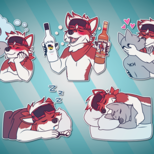A collection of Telegram stickers of an anthro wolf wearing goggles on his head and a bandana. In them, he thinks fondly about another character while blushing; looks tipsy and confident with a bottle of Malibu in one hand Captain Morgan in the other; kisses another character on the lips; snoozes in bed, drooling; and snuggles in bed with another character.