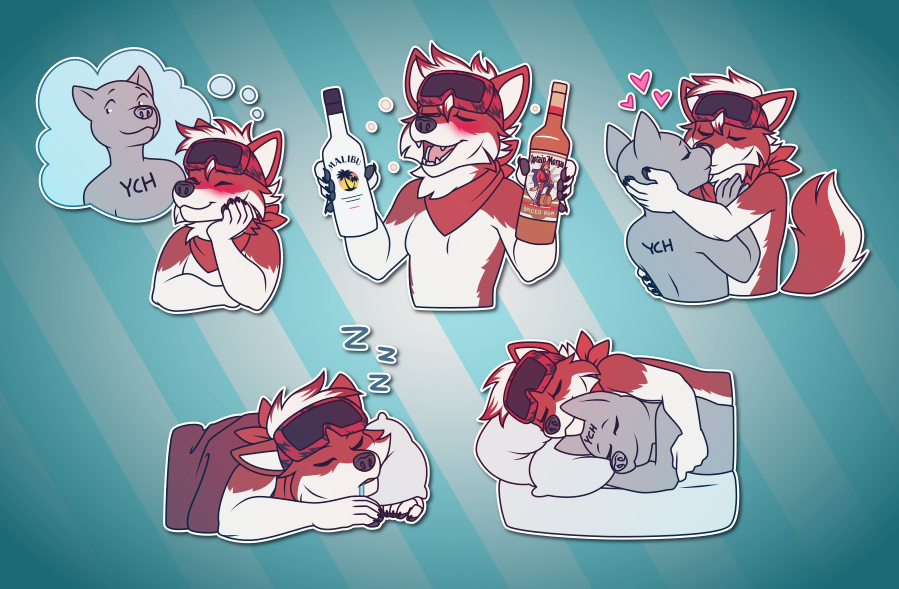 A collection of Telegram stickers of an anthro wolf wearing goggles on his head and a bandana. In them, he thinks fondly about another character while blushing; looks tipsy and confident with a bottle of Malibu in one hand Captain Morgan in the other; kisses another character on the lips; snoozes in bed, drooling; and snuggles in bed with another character.