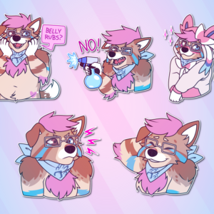 A collection of Telegram stickers of an anthro dog with glasses and a bandana. In them, they hold their hands up to their face hopefully and ask "belly rubs?" while showing their belly; shoot water from a spray bottle while angrily shouting "no!"; blush and pose with their hands folded in front of them, wearing a hoodie styled after the Pokemon Sylveon; glare pointedly, look infuriated; and scratch the back of their head, smiling nervously.