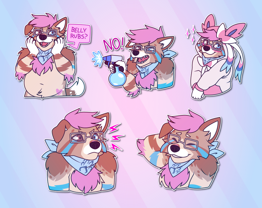 A collection of Telegram stickers of an anthro dog with glasses and a bandana. In them, they hold their hands up to their face hopefully and ask "belly rubs?" while showing their belly; shoot water from a spray bottle while angrily shouting "no!"; blush and pose with their hands folded in front of them, wearing a hoodie styled after the Pokemon Sylveon; glare pointedly, look infuriated; and scratch the back of their head, smiling nervously.