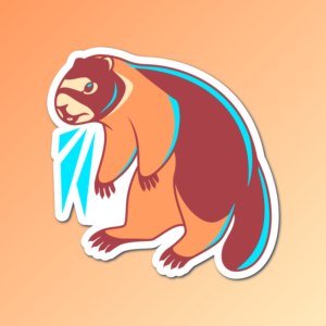 An abstract flat color illustration of a yellow-bellied marmot, with a brown, orange, and bright blue color scheme