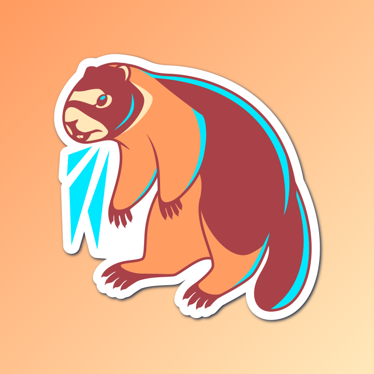 An abstract flat color illustration of a yellow-bellied marmot, with a brown, orange, and bright blue color scheme