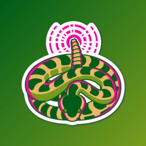 An abstract flat color illustration of a rattlesnake, with a green, yellow, and bright pink color scheme