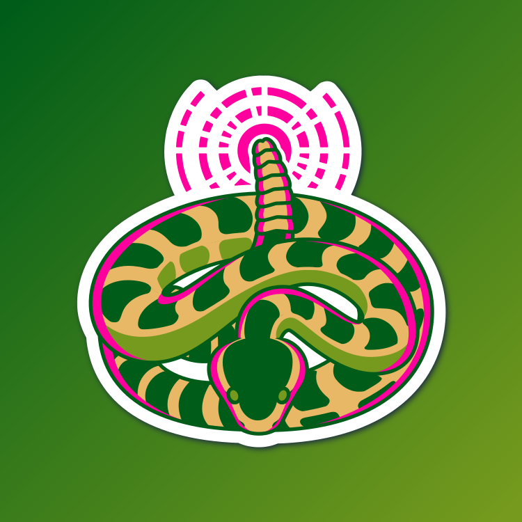 An abstract flat color illustration of a rattlesnake, with a green, yellow, and bright pink color scheme
