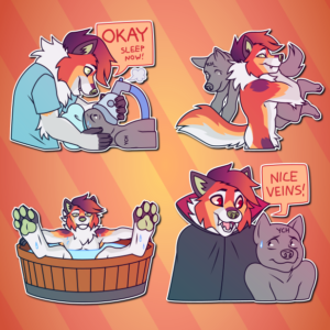 A collection of Telegram stickers of an anthro fox/wolf hybrid. In them, he holds an anasthesia mask to another character's face and says "Okay, sleep now!"; carries another character over his shoulder while making a mischievous expression; relaxes in a small wooden tub of water looking smug, with his feet hanging over the edge of the tub; and says "nice veins!" to another character while looming over them and appearing very vampire-like.