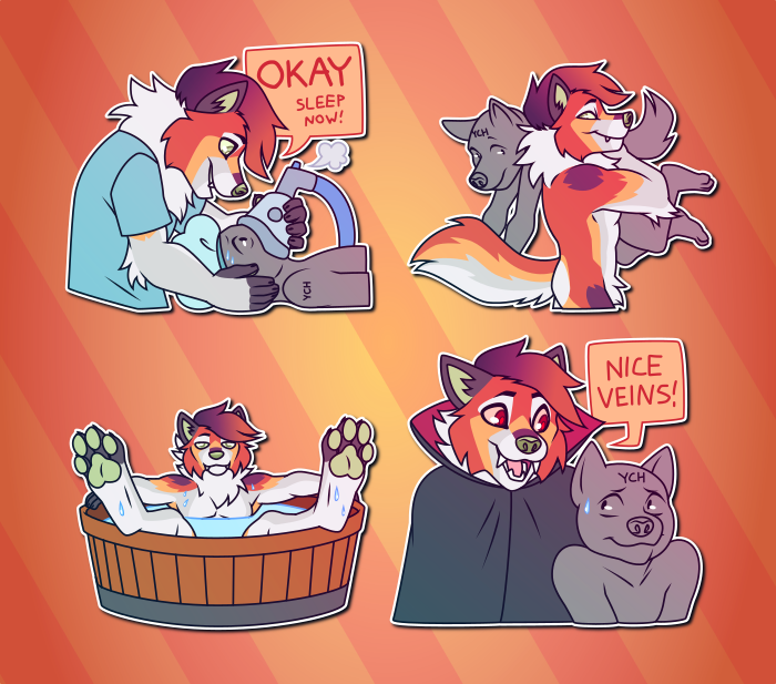 A collection of Telegram stickers of an anthro fox/wolf hybrid. In them, he holds an anesthesia mask to another character's face and says "Okay, sleep now!"; carries another character over his shoulder while making a mischievous expression; relaxes in a small wooden tub of water looking smug, with his feet hanging over the edge of the tub; and says "nice veins!" to another character while looming over them and appearing very vampire-like.