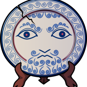 A simple illustration of a vaguely-Hellenistic styled plate that sits on a stand resembling hooves and a devil tail. There is a large crack on the top left of the plate. He has an intense expression and wild eyes, and swirling decorations that resemble a beard and mustache. His mouth is closed and he stares intently.