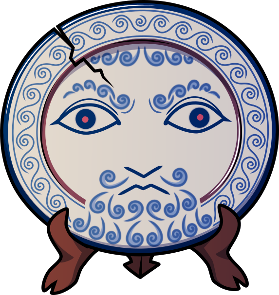 A simple illustration of a vaguely-Hellenistic styled plate that sits on a stand resembling hooves and a devil tail. There is a large crack on the top left of the plate. He has an intense expression and wild eyes, and swirling decorations that resemble a beard and mustache. His mouth is closed and he stares intently.