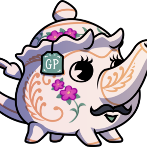 A simple illustration of an ornate teapot styled like a classy but devilish beast. He has large eyes and a mustache, with his spout serving as his nose. A teabag that says "GP" hangs out from under his lid. He faces to the right, looking ahead and talking.