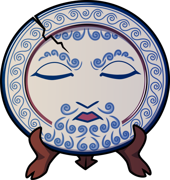 A simple illustration of a vaguely-Hellenistic styled plate that sits on a stand resembling hooves and a devil tail. There is a large crack on the top left of the plate. He has an intense expression and wild eyes, and swirling decorations that resemble a beard and mustache. His mouth is open as if speaking and his eyes are closed.