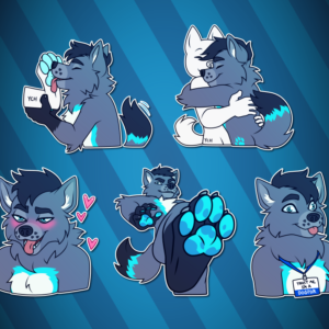 A collection of Telegram stickers of an anthro wolf. In them, he grabs another character's foot paw and licks it; hugs another character; blushes and grins with his tongue hanging out; appears from a worm's-eye view, raising one foot paw as if ready to step on the viewer; and looks blank with his tongue out wearing a work badge that says "trust me, I'm a dogtor"