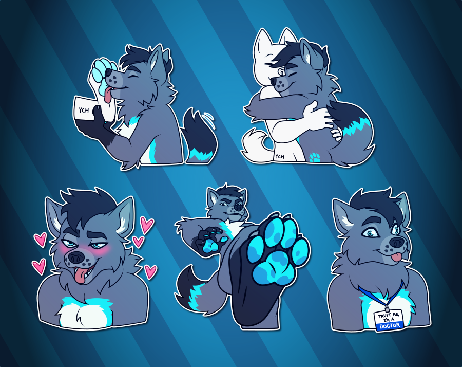 A collection of Telegram stickers of an anthro wolf. In them, he grabs another character's foot paw and licks it; hugs another character; blushes and grins with his tongue hanging out; appears from a worm's-eye view, raising one foot paw as if ready to step on the viewer; and looks blank with his tongue out wearing a work badge that says "trust me, I'm a dogtor"