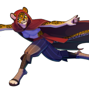 A vector illustration of an anthro jaguar-like character. She's running, somewhat ducked down, holding a knife and wearing a hooded cloak. She looks behind her, but appears confident. Her fur is covered in rosette markings, many of which resemble staring eyes.