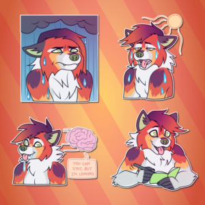 A collection of Telegram stickers of an anthro fox/wolf hybrid. In them, he looks miserable and sopping wet standing under pouring rain clouds; looks warm and sweaty, panting under a shining sun; stares with a senseless expression and his tongue out as his brain exits his body, saying "you can stay, but I'm leaving."; and writes hastily and excitedly in a small notebook.