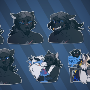 A collection of Telegram stickers of a scarred and grizzled anthro wolf. In them, he grins, showing that his right canine tooth is capped in gold; looks down somberly; snarls and bares his teeth; laughs raucously; looks straight at the viewer, unimpressed; kisses his partner, a fellow werewolf with horns, on the lips; and screams "Zodiac, no!" in a panic while a draconic monster in the foreground bends and chews on an important metal pipe.