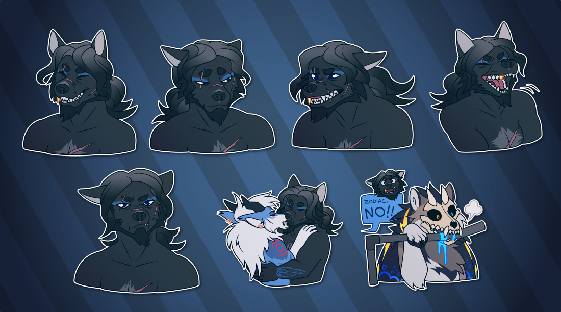 A collection of Telegram stickers of a scarred and grizzled anthro wolf. In them, he grins, showing that his right canine tooth is capped in gold; looks down somberly; snarls and bares his teeth; laughs raucously; looks straight at the viewer, unimpressed; kisses his partner, a fellow werewolf with horns, on the lips; and screams "Zodiac, no!" in a panic while a draconic monster in the foreground bends and chews on an important metal pipe.