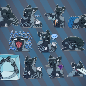 A collection of Telegram stickers of an anthro silver fox wearing glasses. In them, he rubs the bridge of his nose in frustration; crosses his arms and grumbles; contentedly pours a drink from a shaker into a glass; sleeps in a bed; yells loudly; holds a hand up to his mouth trying to stifle a snicker; peeks out of a sewer entrance, holding up the lid and looking annoyed; zooms around a small room, bouncing off walls; thinks hard about something and rubs his chin; seductively holds a purple rose in his mouth; and blushes while his eyes pop out of his head to ogle something, shattering his lenses in the process.