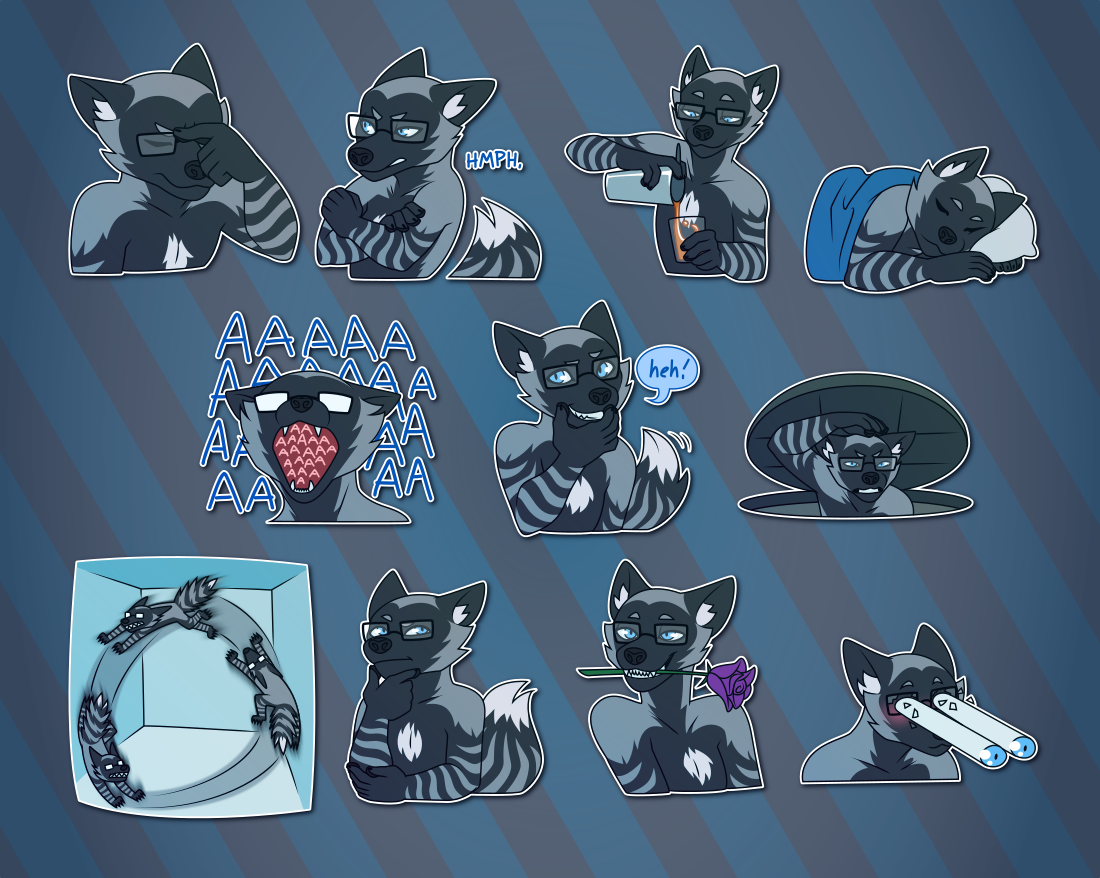 A collection of Telegram stickers of an anthro silver fox wearing glasses. In them, he rubs the bridge of his nose in frustration; crosses his arms and grumbles; contentedly pours a drink from a shaker into a glass; sleeps in a bed; yells loudly; holds a hand up to his mouth trying to stifle a snicker; peeks out of a sewer entrance, holding up the lid and looking annoyed; zooms around a small room, bouncing off walls; thinks hard about something and rubs his chin; seductively holds a purple rose in his mouth; and blushes while his eyes pop out of his head to ogle something, shattering his lenses in the process.