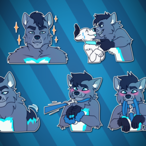 A collection of Telegram stickers of an anthro wolf. In them, he looks confidently toward the viewer, drawn as a comically attractive man surrounded by sparkles; backs another character up against a wall, pulling them closer by a collar; leans slightly to one side with a mischievous look on his face; blushes while wearing fuzzy handcuffs and a collar, connected to a leash which is being pulled; and blushes while holding his own leash in his mouth as if offering it