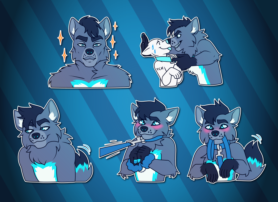 A collection of Telegram stickers of an anthro wolf. In them, he looks confidently toward the viewer, drawn as a comically attractive man surrounded by sparkles; backs another character up against a wall, pulling them closer by a collar; leans slightly to one side with a mischievous look on his face; blushes while wearing fuzzy handcuffs and a collar, connected to a leash which is being pulled; and blushes while holding his own leash in his mouth as if offering it