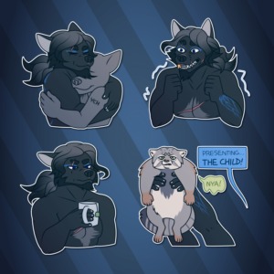 A collection of Telegram stickers of a scarred and grizzled anthro wolf. In them, he hugs another character; vibrates with manic excitement; holds a cup of tea while looking mildly annoyed; and shouts "presenting... the child!" while holding up a small anthro Pallas cat, who responds "nya!" with a grumpy expression.