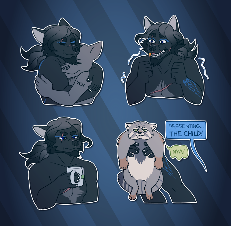 A collection of Telegram stickers of a scarred and grizzled anthro wolf. In them, he hugs another character; vibrates with manic excitement; holds a cup of tea while looking mildly annoyed; and shouts "presenting... the child!" while holding up a small anthro Pallas cat, who responds "nya!" with a grumpy expression.