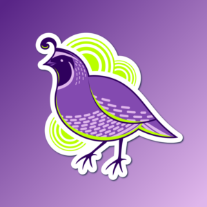 An abstract flat color illustration of a California quail, with a purple and yellow-green color scheme