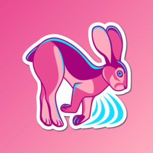 An abstract flat color illustration of a black-tailed jackrabbit, with a pink and bright blue color scheme