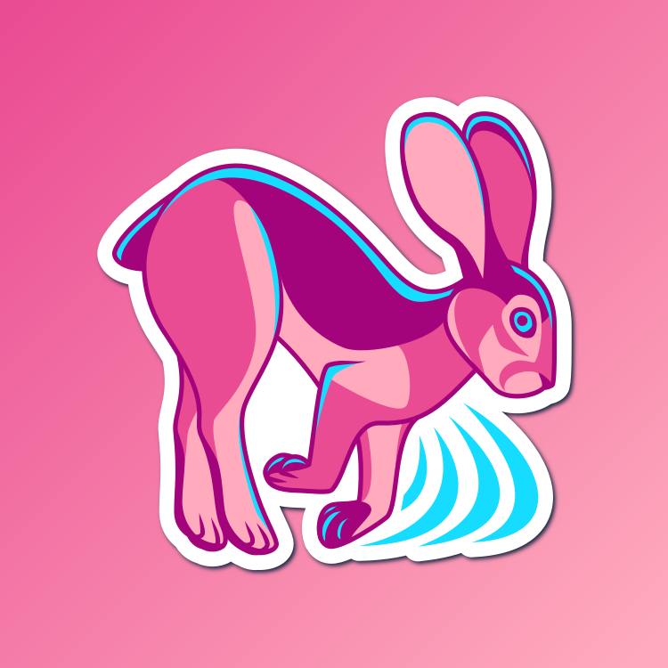 An abstract flat color illustration of a black-tailed jackrabbit, with a pink and bright blue color scheme