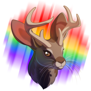 A vector portrait of a jackalope with an aurora-like rainbow halo behind them